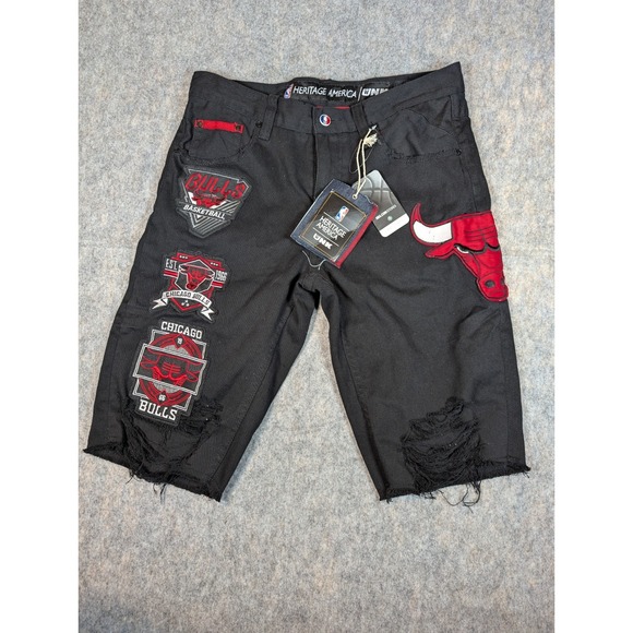 NBA Other - NBA UNK Mens Jeans Chicago Bulls‎ Embroidered Y2K Shorts Black W34 Patches NWT